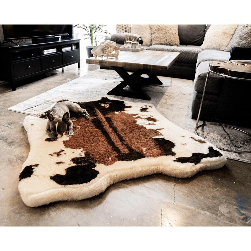 Puprug Animal Print Luxury Faux Fur Orthopedic Memory Foam Washable Dog Bed, 55" L X 50" W, Brown Cowhide