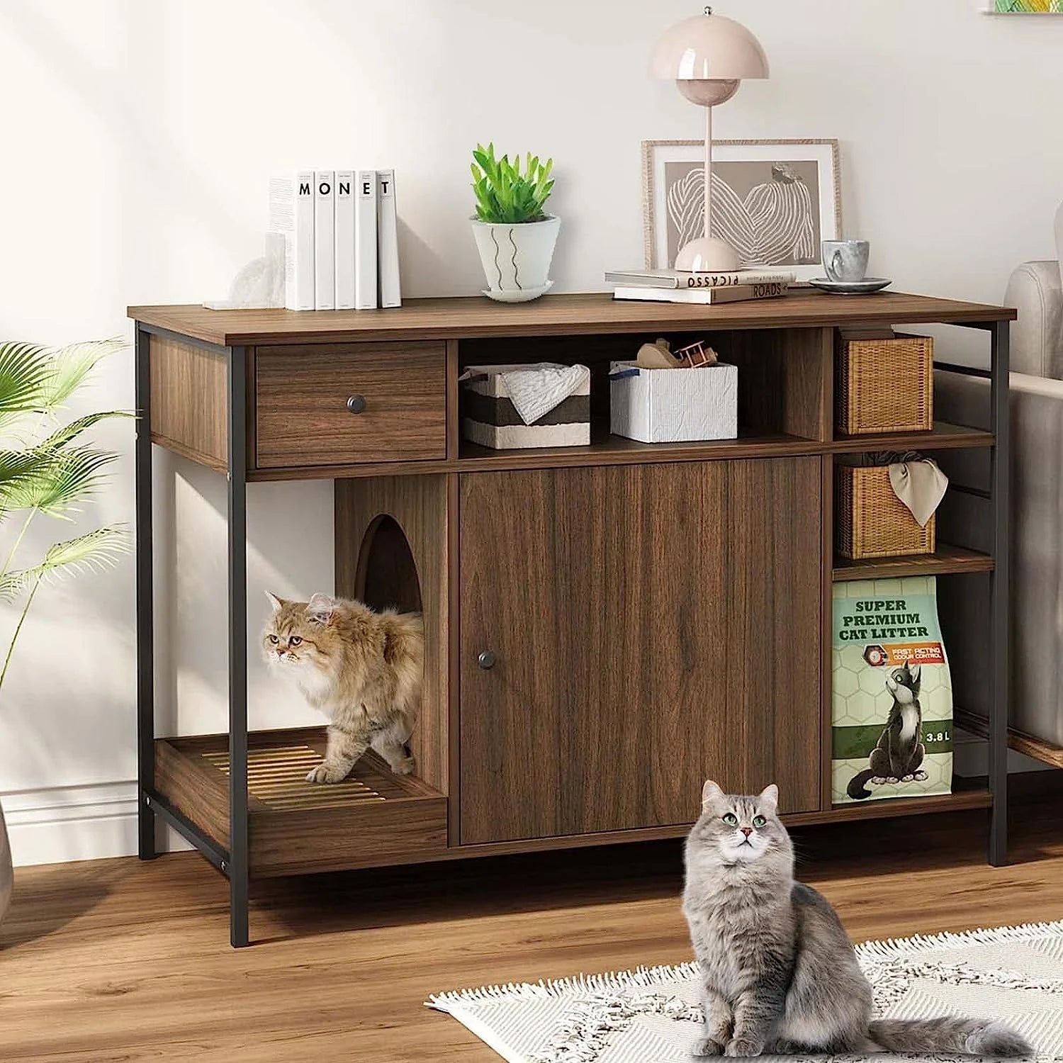 6-in-1 Wooden Cat Litter Box Cabinet with Litter Filter, Drawer, and Shelves for Organized Litter Storage