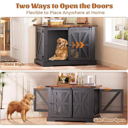 Stylish Heavy-Duty Dog Crate Furniture for Medium to XL Dogs - Indoor Double Door Kennel