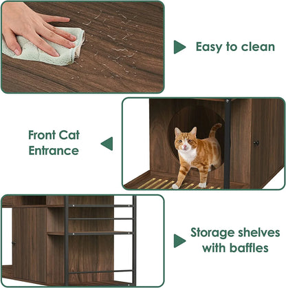 6-in-1 Wooden Cat Litter Box Cabinet with Litter Filter, Drawer, and Shelves for Organized Litter Storage