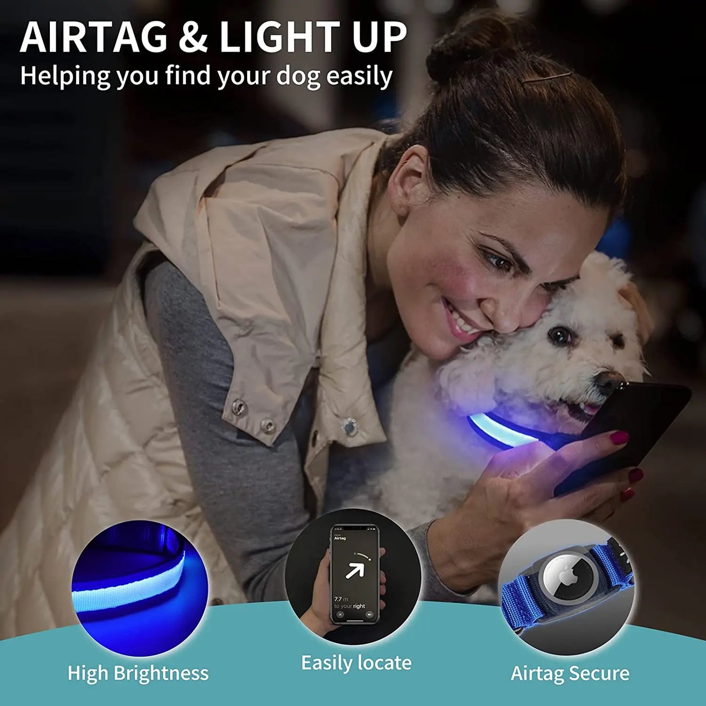 For Apple Airtag GPS Finder Led Dog Collar Waterproof Light USB Chargeable Luminous Collar Pet for Apple Air Tag Tracker Case