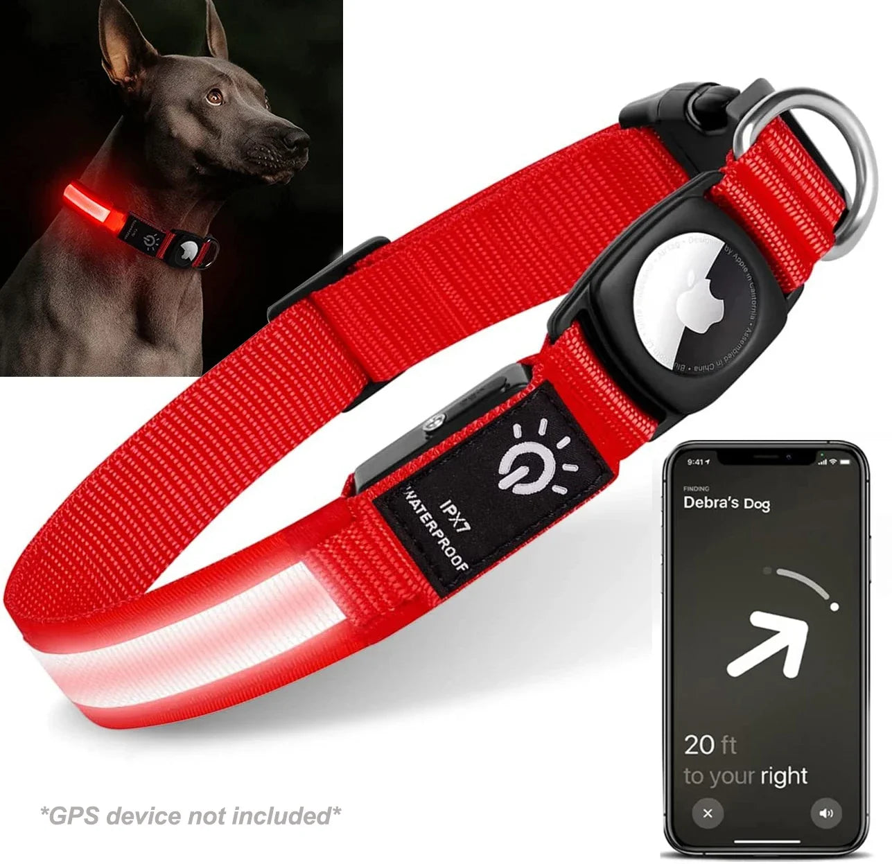 For Apple Airtag GPS Finder Led Dog Collar Waterproof Light USB Chargeable Luminous Collar Pet for Apple Air Tag Tracker Case