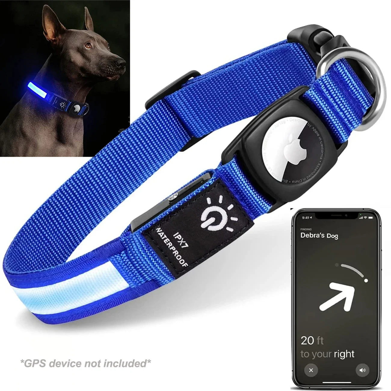 For Apple Airtag GPS Finder Led Dog Collar Waterproof Light USB Chargeable Luminous Collar Pet for Apple Air Tag Tracker Case