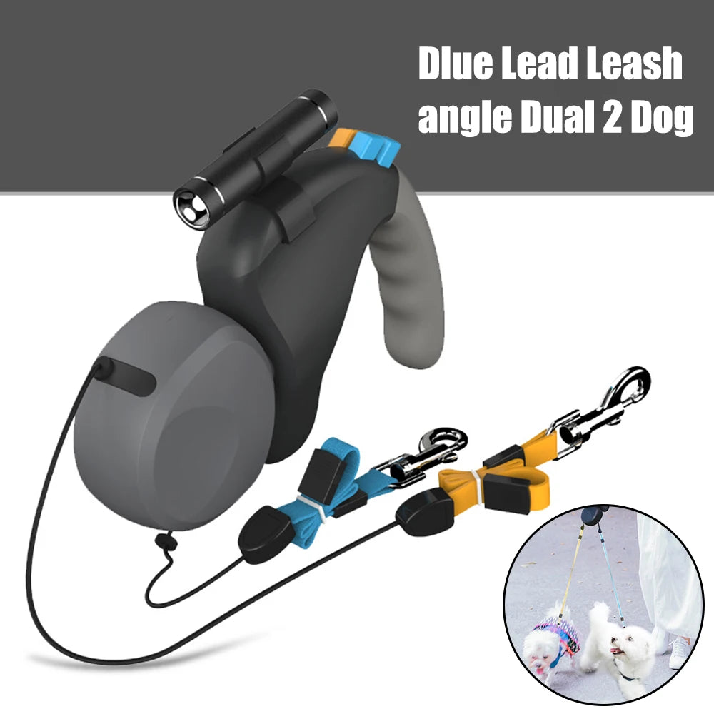 For 2 Dogs Walking Pet Traction Rope Belt Retractable Adjustable Double with Light Dual Dog Rope Leash Rotation Pet Rope