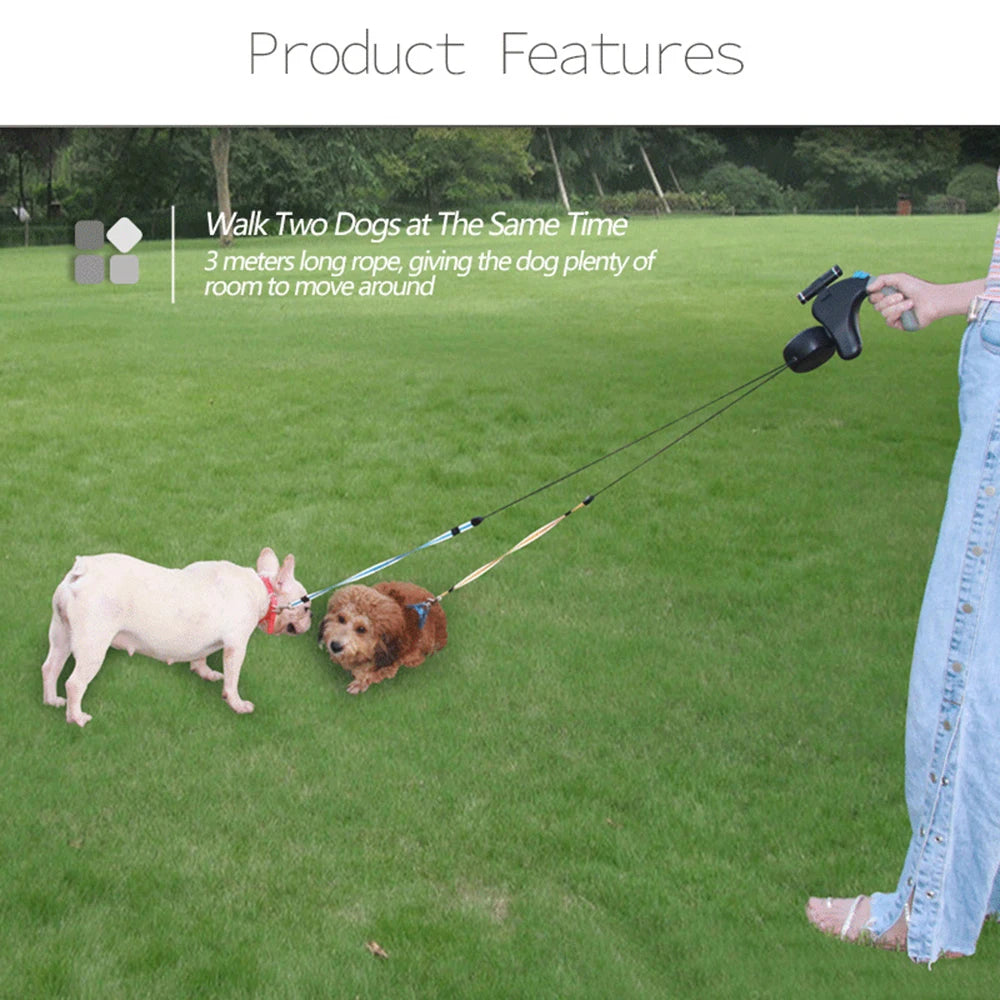 For 2 Dogs Walking Pet Traction Rope Belt Retractable Adjustable Double with Light Dual Dog Rope Leash Rotation Pet Rope