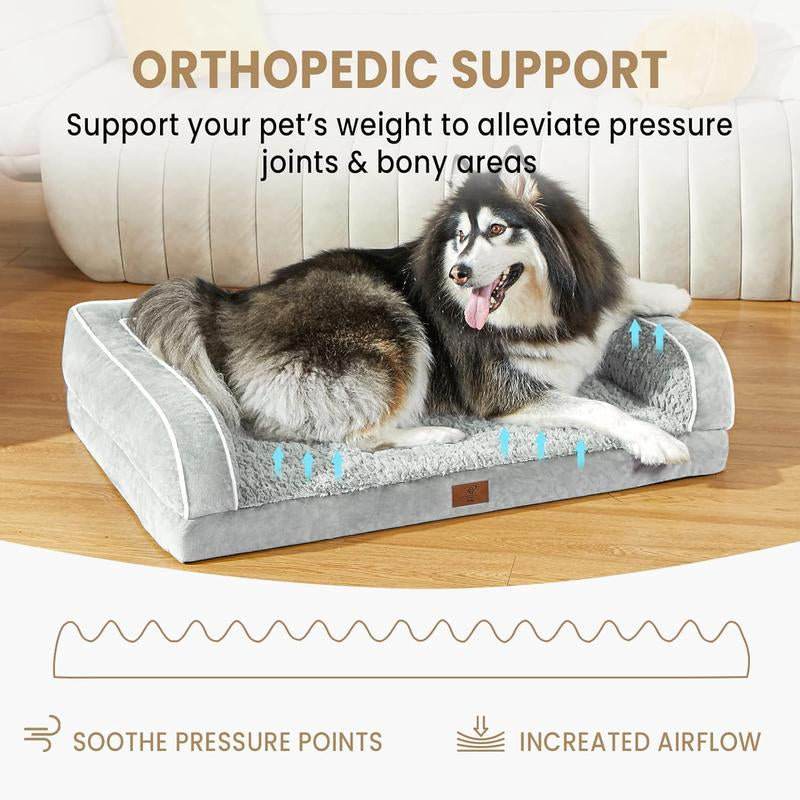 Dog Beds for Small Medium Large X-Large Dogs, Orthopedic Foam Dog Bed with Removable Washable Cover, Light Grey Waterproof Pet Sofa with Removable Bolster, 3Side-Around Bolster Pet Cushion with Anti-Slip Bottom, Super Soft Pet Mattress & Cat Mat