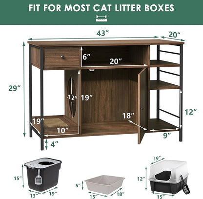 6-in-1 Wooden Cat Litter Box Cabinet with Litter Filter, Drawer, and Shelves for Organized Litter Storage