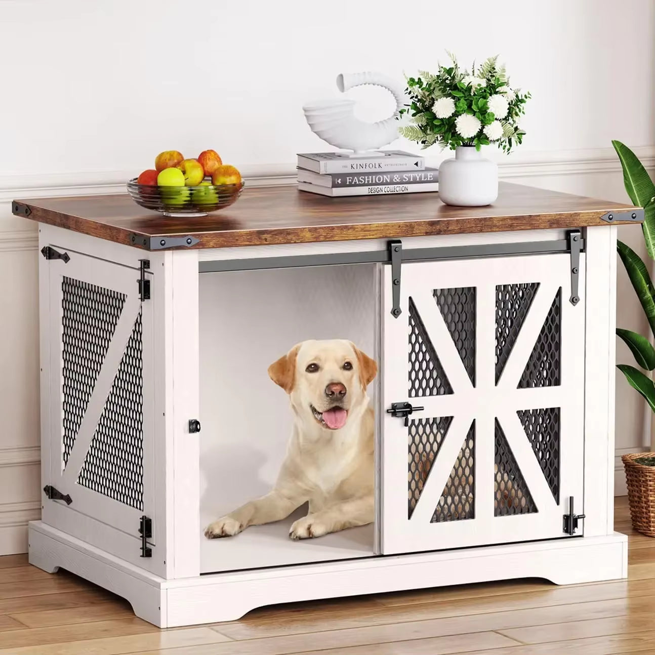 Stylish Heavy-Duty Dog Crate Furniture for Medium to XL Dogs - Indoor Double Door Kennel