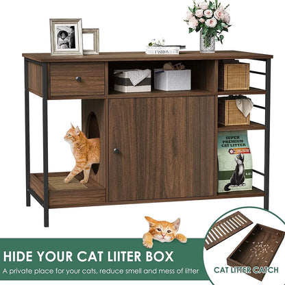 6-in-1 Wooden Cat Litter Box Cabinet with Litter Filter, Drawer, and Shelves for Organized Litter Storage